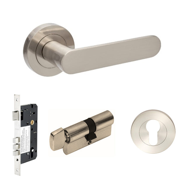 10094.4.BN | Duke Lever Round Rose Entrance Set 70mm Key/Turn Brushed Nickel | Zanda Architectural