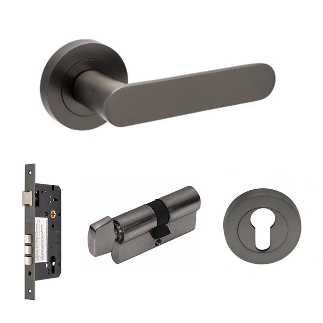 10094.4.GN | Duke Lever on Round Rose Entrance Set 70mm Key/Turn Graphite Nickel | Zanda Architectural