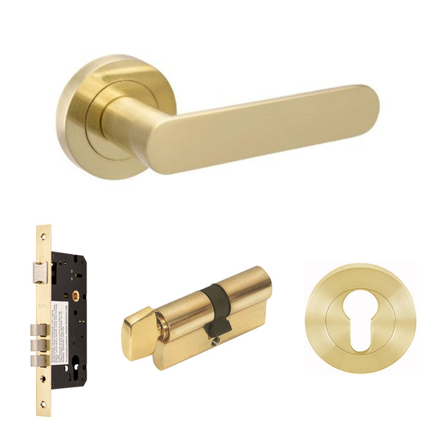10094.4.SB | Duke Lever on Round Rose Entrance Set 70mm Key/Turn Satin Brass | Zanda Architectural