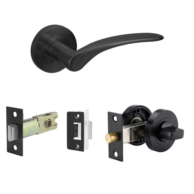 Apollo Door Handle Lever on Round Rose Privacy Set Matt Black 7034.BLK Zanda | Decorus Hardware