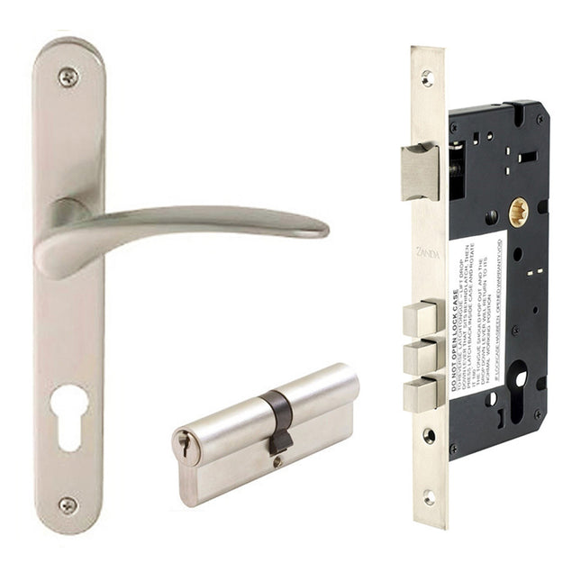 Apollo Longplate Door Lever Handle Entrance Set 60mm Key/Key Brushed Nickel 7035.1.BN Zanda | Decorus Hardware
