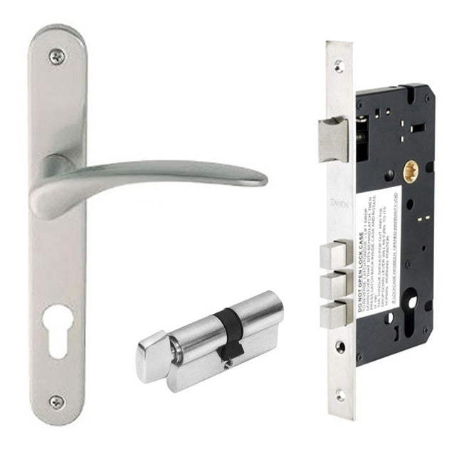 Apollo Longplate Door Lever Handle Entrance Set 60mm Key/Turn Satin Chrome 7035.2.SC Zanda | Decorus Hardware