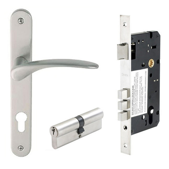 7035.3.SC | Apollo Longplate Door Lever Handle Entrance Set 70mm Key/Key Satin Chrome | Zanda Architectural