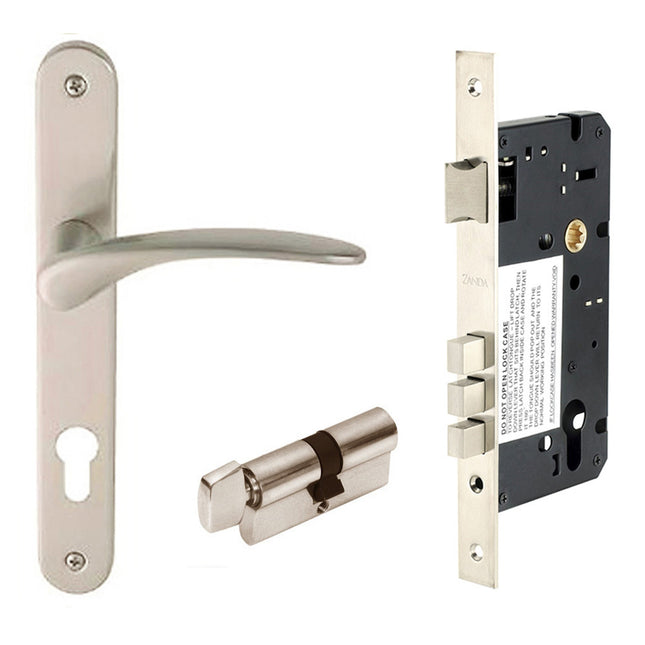 Apollo Longplate Door Lever Handle Entrance Set 70mm Key/Turn Brushed Nickel 7035.4.BN Zanda | Decorus Hardware
