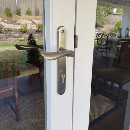 7038.1.SC | Astron Juno Longplate Door Lever Handle Entrance Set 60mm Key/Key Satin Chrome | Zanda Architectural