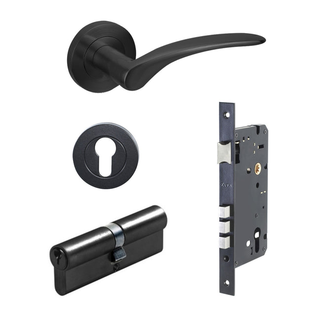 7080.3.BLK | Apollo Door Handle Lever on Round Rose Entrance Set 70mm (Key/Key) Matt Black | Zanda Architectural