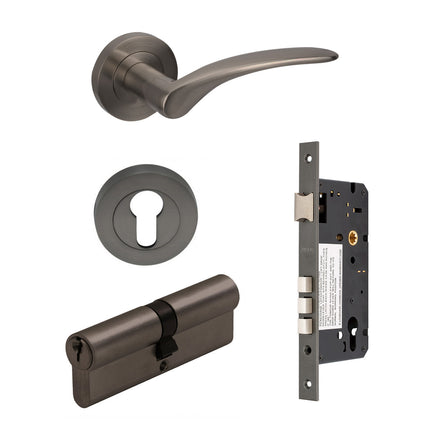 7080.3.GN | Apollo Door Handle Lever on Round Rose Entrance Set 70mm (Key/Key) Graphite Nickel | Zanda Architectural
