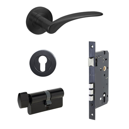7080.4.BLK | Apollo Door Handle Lever on Round Rose Entrance Set 70mm (Key/Key) Matt Black | Zanda Architectural