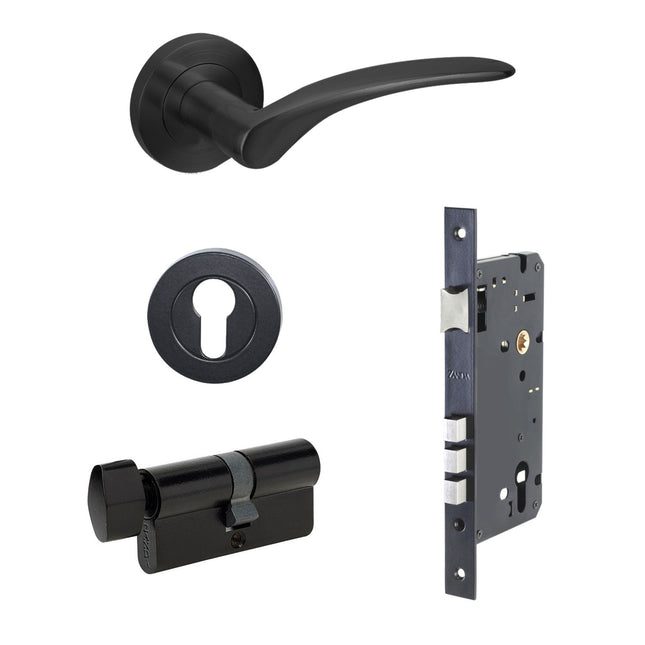 7080.4.BLK | Apollo Door Handle Lever on Round Rose Entrance Set 70mm (Key/Key) Matt Black | Zanda Architectural