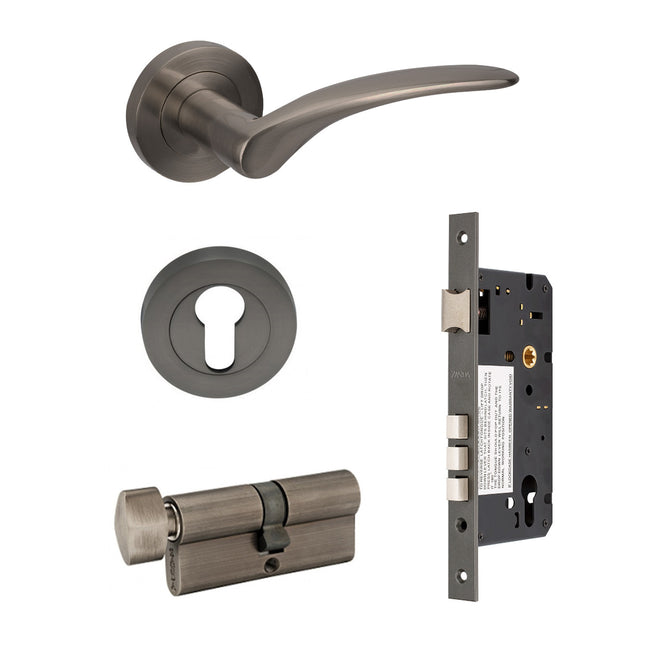 Apollo Door Handle Lever on Round Rose Entrance Set 70mm (Key/Key) Graphite Nickel 7080.4.GN Zanda | Decorus Hardware