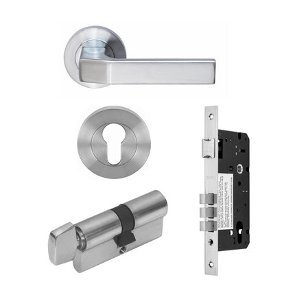 Qube Door Handle Entrance Set 70mm (Key/Turn) Satin Chrome 70854SC Zanda | Decorus Hardware