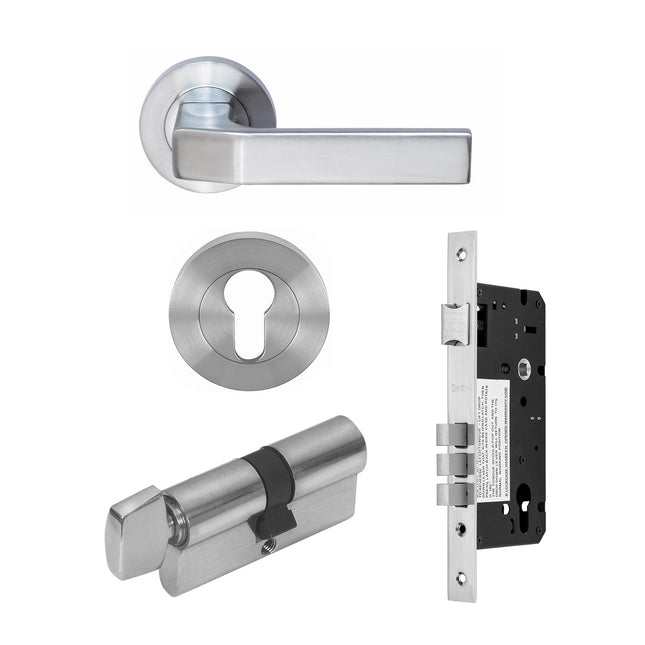Qube Door Handle Entrance Set 70mm (Key/Turn) Satin Chrome 70854SC Zanda | Decorus Hardware