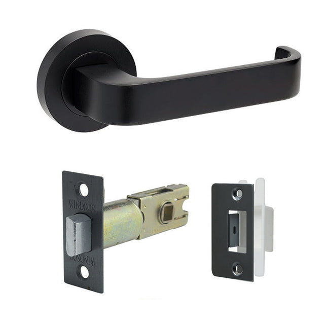 Streamline Door Lever Handle on Round Rose Integrated Privacy Set with Latch Matt Black  Zanda | Decorus Hardware
