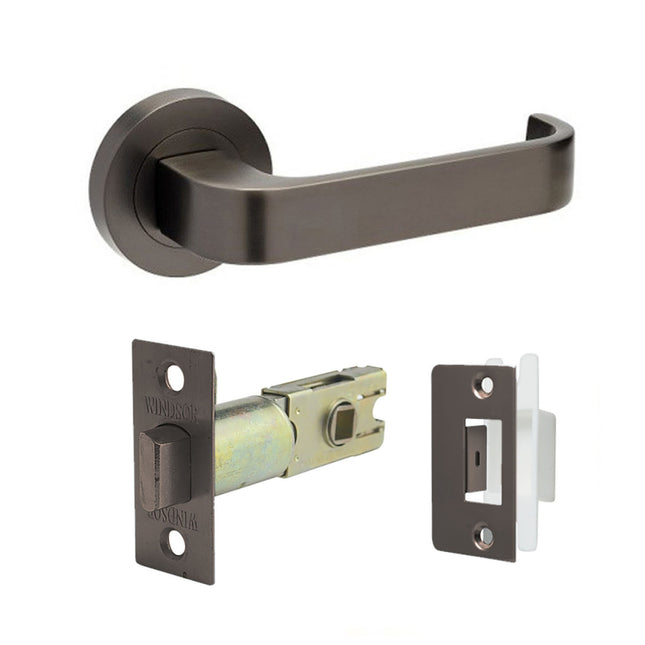 Streamline Door Lever Handle on Round Rose Integrated Privacy Set with Latch Graphite Nickel  Zanda | Decorus Hardware