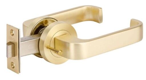 7090.SB | Streamline Door Lever Handle on Round Rose Integrated Privacy Set with Latch Satin Brass | Zanda Architectural