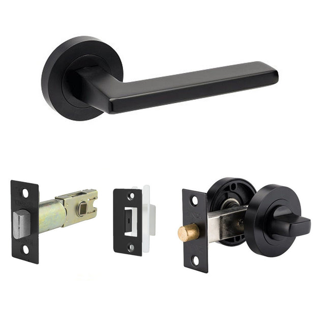 7108.BLK | Vector Door Handle Lever on Round Rose Privacy Set Matt Black | Zanda Architectural