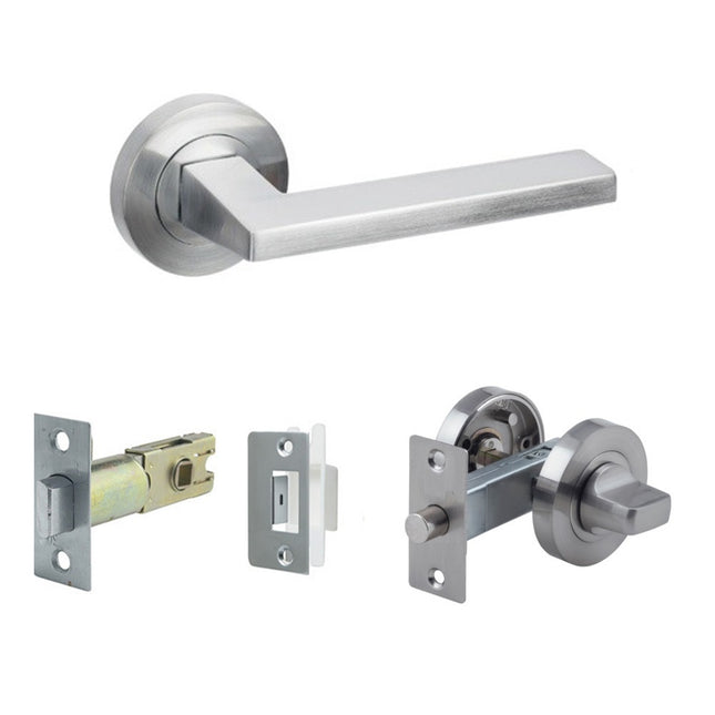 7108.SC | Vector Door Handle Lever on Round Rose Privacy Set Satin Chrome | Zanda Architectural
