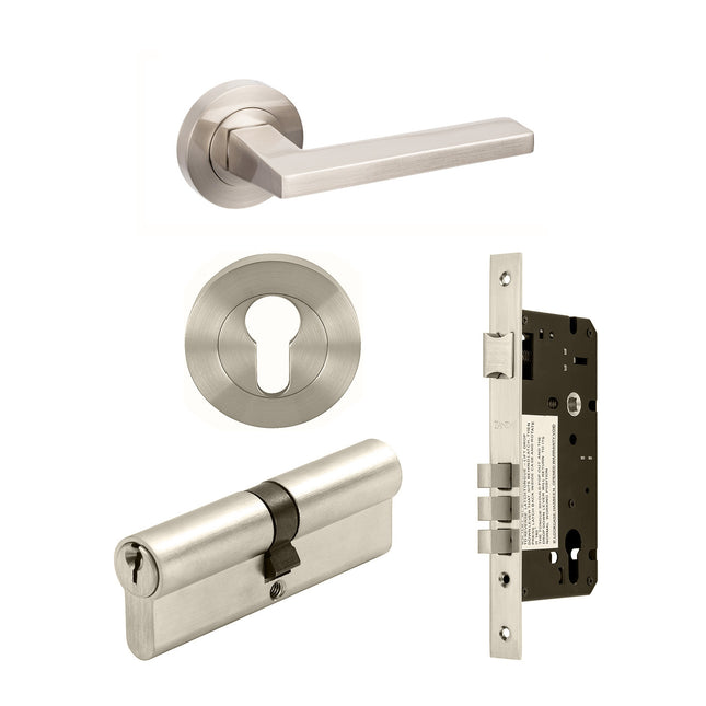 Vector Door Handle Lever on Round Rose Entrance Set 60mm (Key/Key) Brushed Nickel 7110.1.BN Zanda | Decorus Hardware