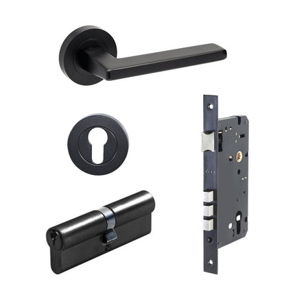 7110.3.BLK | Vector Door Handle Lever on Round Rose Entrance Set 70mm (Key/Key) Matt Black | Zanda Architectural