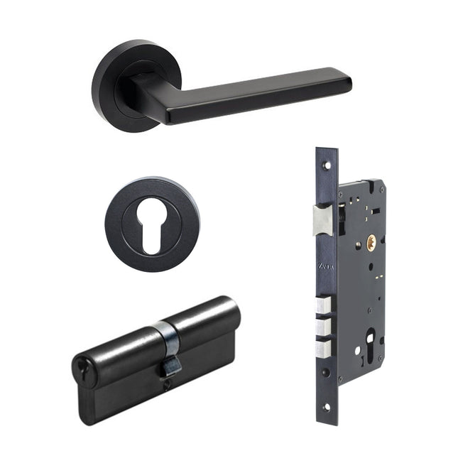7110.3.BLK | Vector Door Handle Lever on Round Rose Entrance Set 70mm (Key/Key) Matt Black | Zanda Architectural