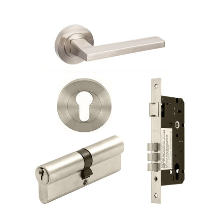Vector Door Handle Lever on Round Rose Entrance Set 70mm (Key/Key) Brushed Nickel 7110.3.BN Zanda | Decorus Hardware