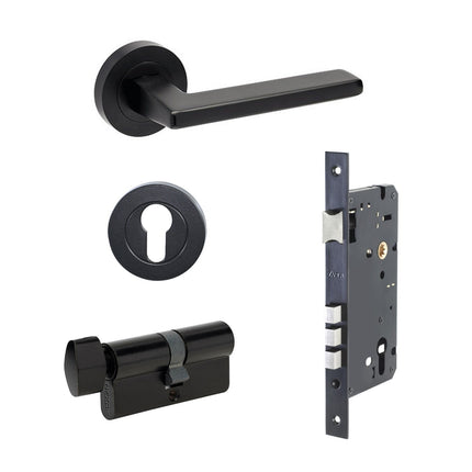 7110.4.BLK | Vector Door Handle Lever on Round Rose Entrance Set 70mm (Key/Turn) Matt Black | Zanda Architectural