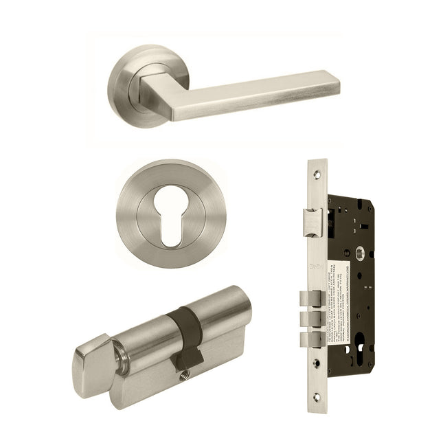 Vector Door Handle Lever on Round Rose Entrance Set 70mm (Key/Turn) Brushed Nickel 7110.4.BN Zanda | Decorus Hardware