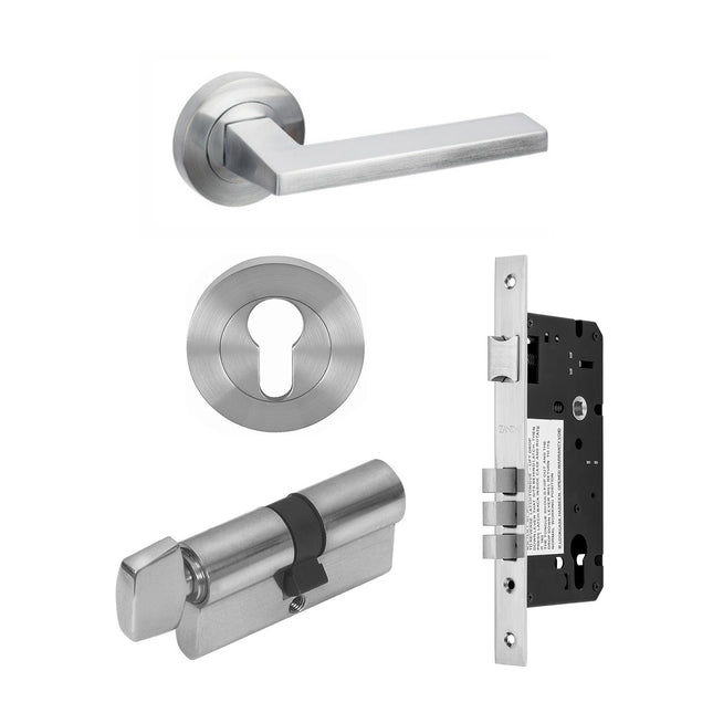 Vector Door Handle Lever on Round Rose Entrance Set 70mm (Key/Turn) Satin Chrome 7110.4.SC Zanda | Decorus Hardware