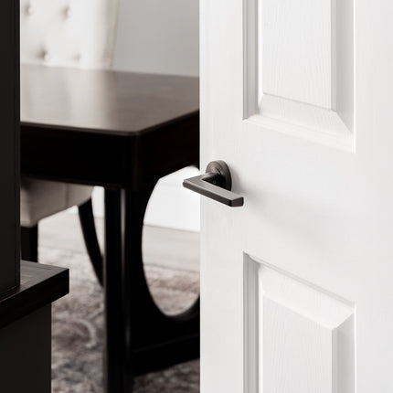 7196.BN | Vector Door Handle Lever on Round Rose integrated Privacy Set Brushed Nickel | Zanda Architectural
