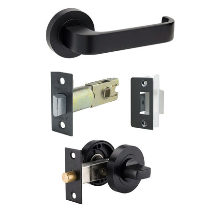 7315.PR.BLK | Streamline Door Lever Handle on Round Rose Integrated Privacy Set Matt Black | Zanda Architectural