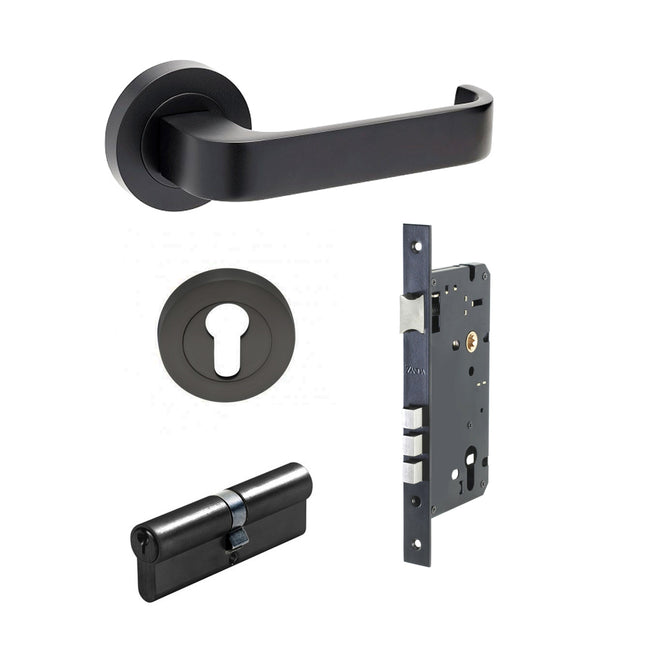 Streamline Door Lever Handle on Round Rose Entrance Set 70mm (Key/Key) Matt Black 7316.E3.BLK Zanda | Decorus Hardware