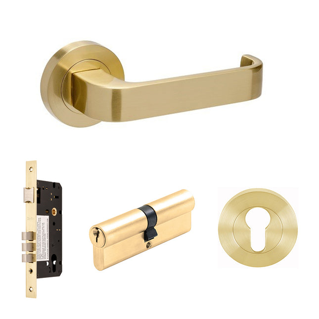 Streamline Door Lever Handle on Round Rose Entrance Set 70mm (Key/Key) Satin Brass 7316.3.SB Zanda | Decorus Hardware