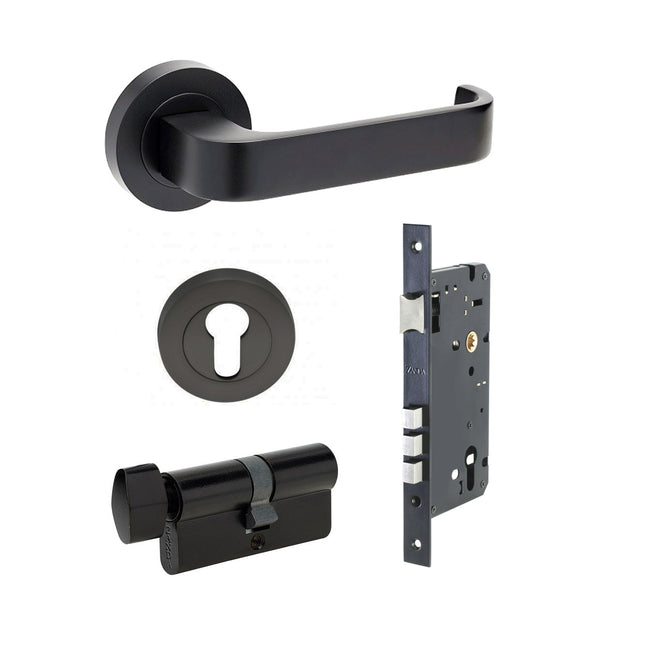 Streamline Door Lever Handle on Round Rose Entrance Set 70mm (Key/Turn) Matt Black 7316.E4.BLK Zanda | Decorus Hardware