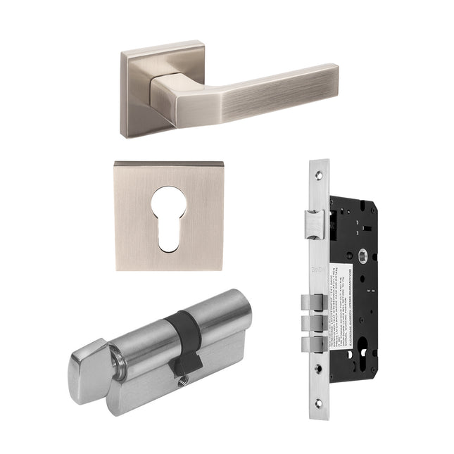 Matrix Door Lever Handle Entrance Set 70mm (Key/Turn) Brushed Nickel 8128E4BN Zanda | Decorus Hardware