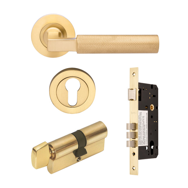Zurich Door Lever Entrance Set 60mm Cylinder (Key/Turn) Satin Brass 9345E2SB Zanda | Decorus Hardware
