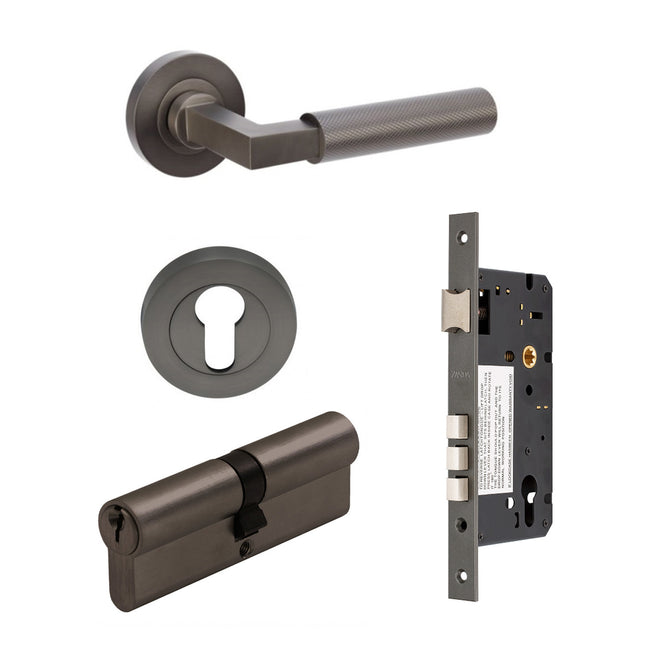 Zurich Door Handle Lever on Round Rose Entrance Set 70mm (Key/Key) Graphite Nickel 9345.E3.GN Zanda | Decorus Hardware