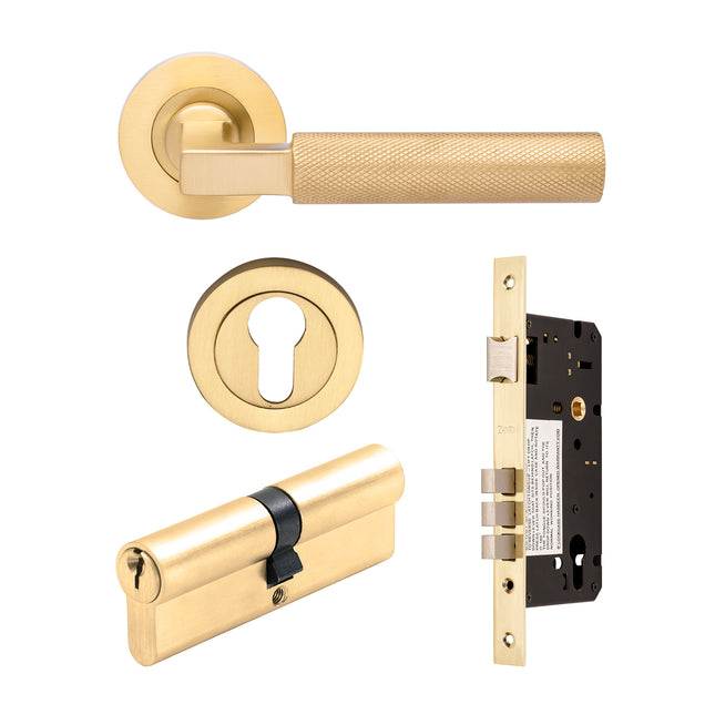 Zurich Door Lever Entrance Set 70mm Cylinder (Key/key) Satin Brass 9345E3SB Zanda | Decorus Hardware