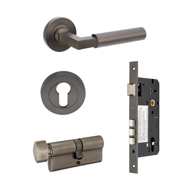 Zurich Door Handle Lever on Round Rose Entrance Set 70mm (Key/Turn) Graphite Nickel 9345.E4.GN Zanda | Decorus Hardware
