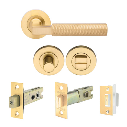 9347.SB | Zurich Privacy Kit with Latch and Door Handle Lever Satin Brass 9347SB | Zanda Architectural