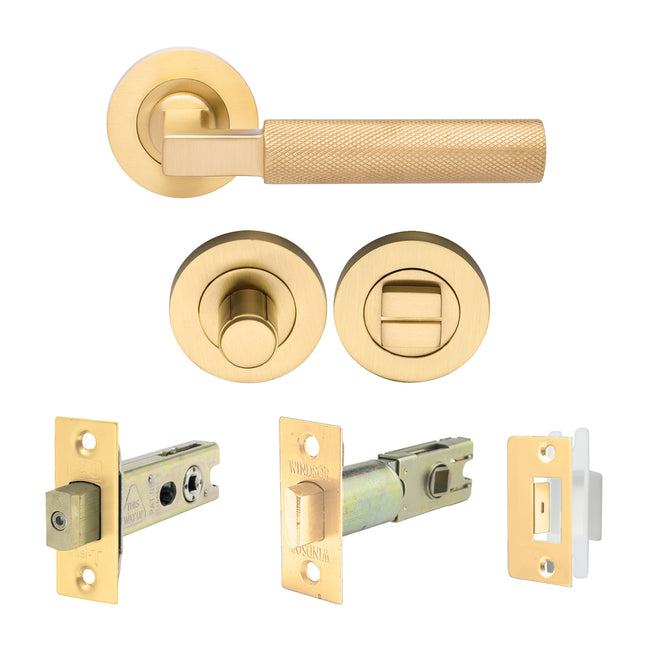 9347.SB | Zurich Privacy Kit with Latch and Door Handle Lever Satin Brass 9347SB | Zanda Architectural