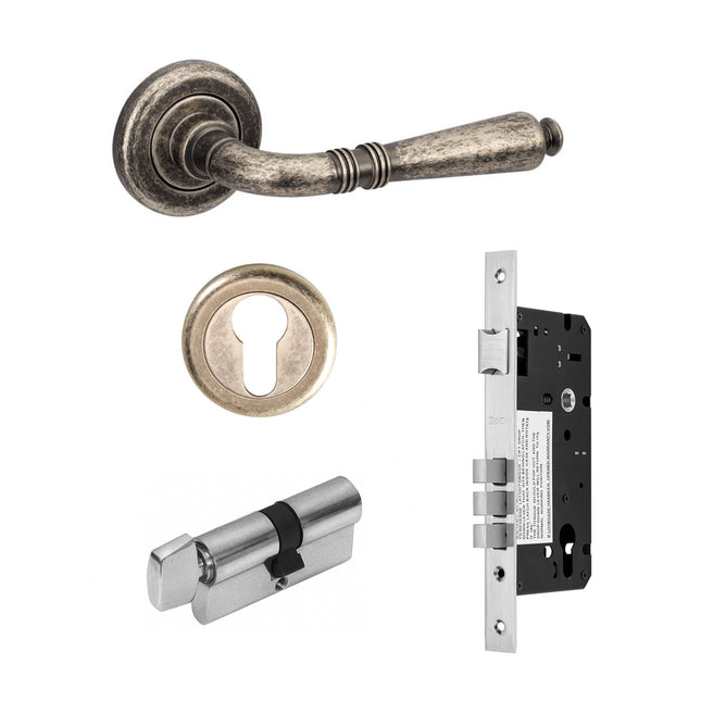 Balmain Door Lever Handle on Round Rose Entrance Set 70mm (Key/Turn) Vintage Pewter 9423.4.VP Zanda | Decorus Hardware