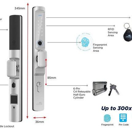 LOCKTON ELEV36-SIL-HK25 E-Series Euro Narrow Smart Door Lock Hinged Door with Knobs Silver